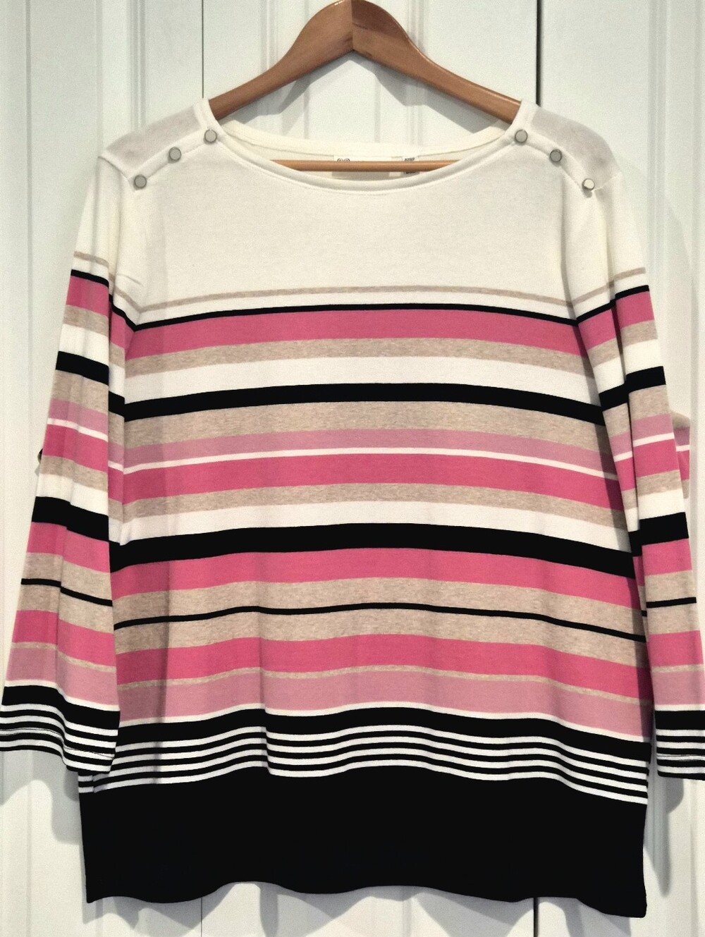 NWT Rafaella Striped 3/4 Sleeve Top Shirt Black Pink Beige White XXL